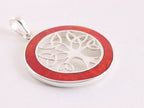 Ronde zilveren levensboom hanger met rode koraal steen afbeelding 2