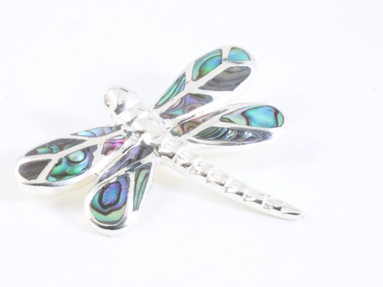 Zilveren libelle hanger met abalone schelp aan ketting afbeelding 2