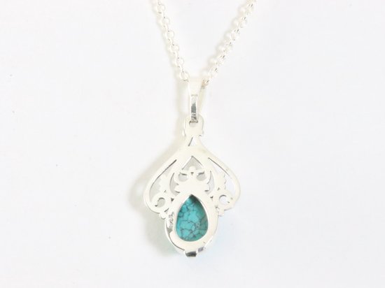 Fijne opengewerkte zilveren hanger met turkoois aan ketting afbeelding 3