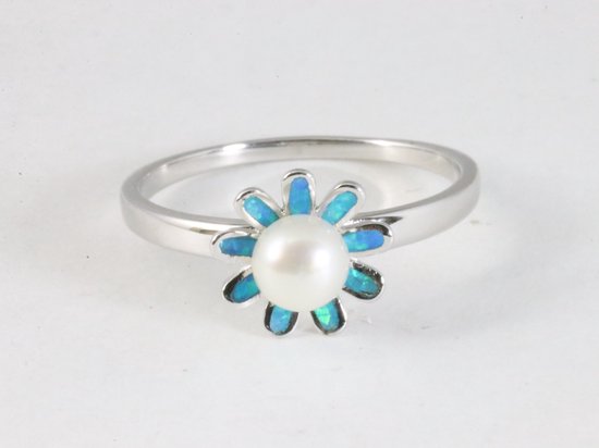 Fijne hoogglans zilveren ring met zoetwater parel en Australische opaal afbeelding 4