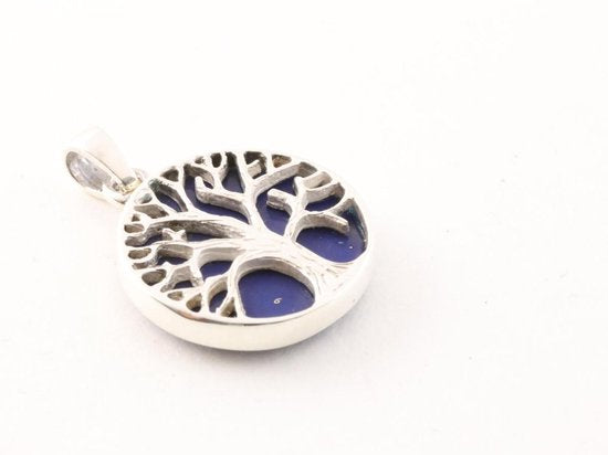 Fijne ronde zilveren hanger met levensboom op lapis lazuli afbeelding 2