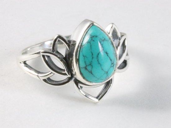 Opengewerkte zilveren lotus bloem ring met turkoois afbeelding 1