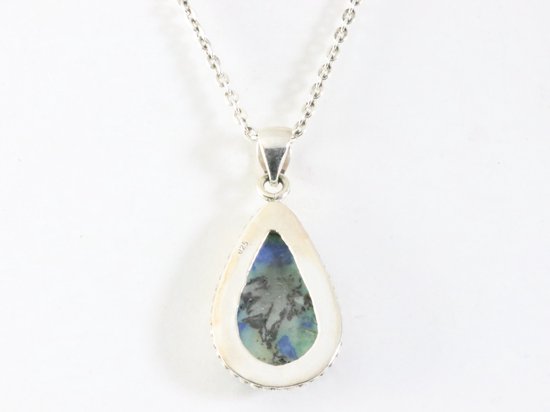 Bewerkte zilveren hanger met blauwe azuriet turkoois aan ketting afbeelding 3