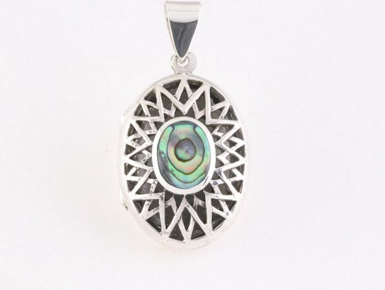 Ovaal opengewerkt zilveren medaillon met abalone schelp afbeelding 4