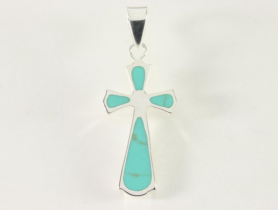 Zilveren kruishanger met groene turkoois afbeelding 1