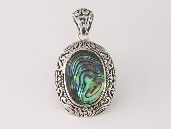 Opengewerkte zilveren hanger met abalone schelp afbeelding 4