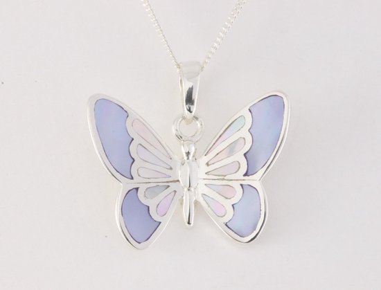 Zilveren vlinder hanger met blauwe en witte parelmoer aan ketting afbeelding 4