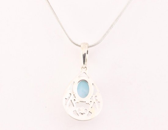 Fijne opengewerkte zilveren hanger met larimar aan ketting afbeelding 3