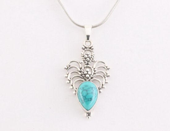 Fijne opengewerkte zilveren hanger met turkoois aan ketting afbeelding 5