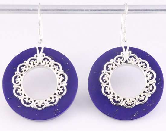 Grote ronde bewerkte zilveren oorbellen met lapis lazuli afbeelding 1