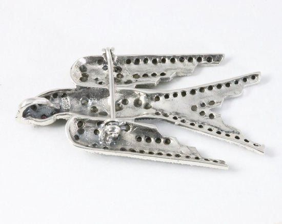 Zilveren zwaluw broche met onyx, marcasiet en robijn afbeelding 4