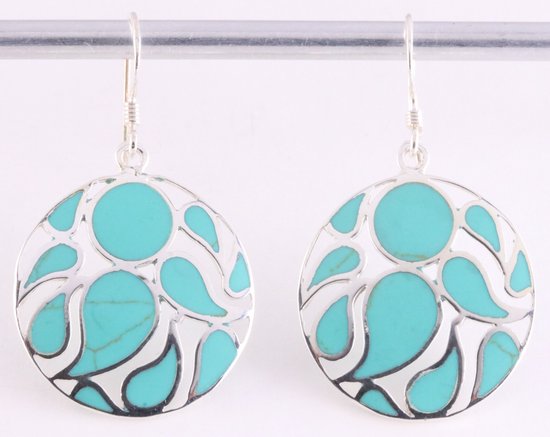 Ronde opengewerkte zilveren oorbellen met groene turkoois afbeelding 1