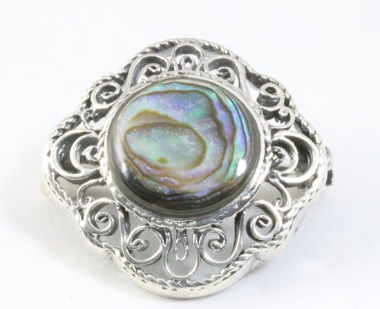 Opengewerkte zilveren broche met abalone schelp afbeelding 1