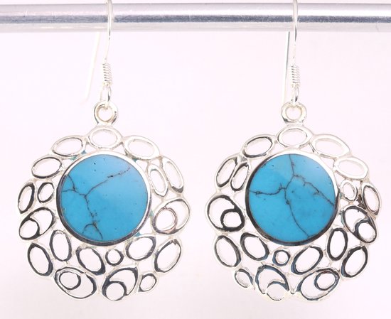 Grote opengewerkte zilveren oorbellen met blauwe turkoois afbeelding 1