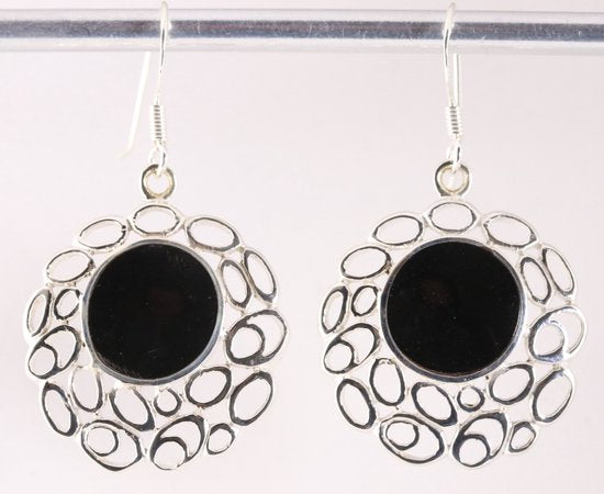 Grote opengewerkte zilveren oorbellen onyx afbeelding 1
