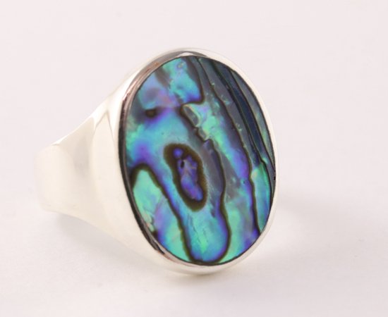 Ovale zilveren zegelring met abalone schelp afbeelding 1