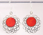 Grote opengewerkte zilveren oorbellen met rode koraal steen afbeelding 1