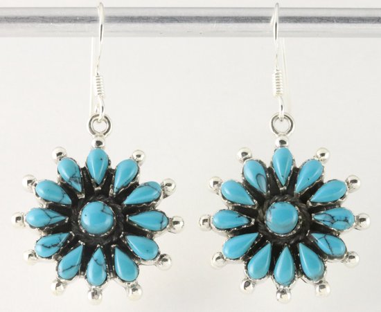 Bloemvormige zilveren oorbellen met blauwe turkoois afbeelding 1