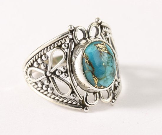 Opengewerkte zilveren ring met blauwe koperturkoois afbeelding 1