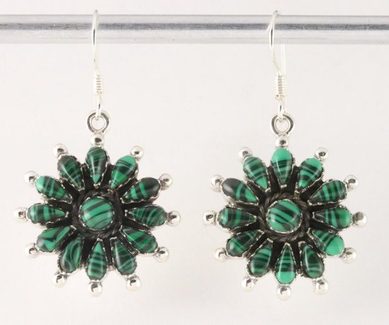 Bloemvormige zilveren oorbellen met malachiet afbeelding 1