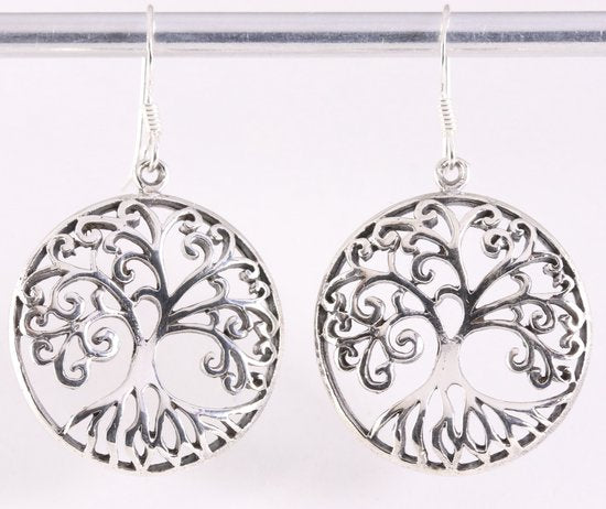 Ronde opengewerkte zilveren oorbellen met levensboom afbeelding 1