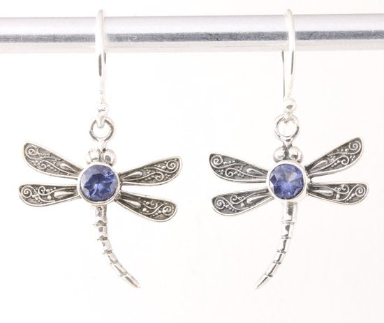 Fijne zilveren libelle oorbellen met blauwe saffier afbeelding 1