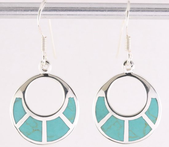 Ronde zilveren oorbellen met groene turkoois afbeelding 1