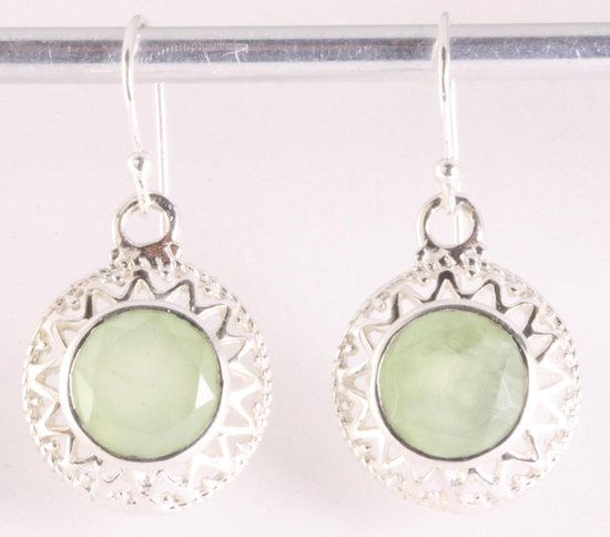 Ronde opengewerkte zilveren oorbellen met prehniet afbeelding 1