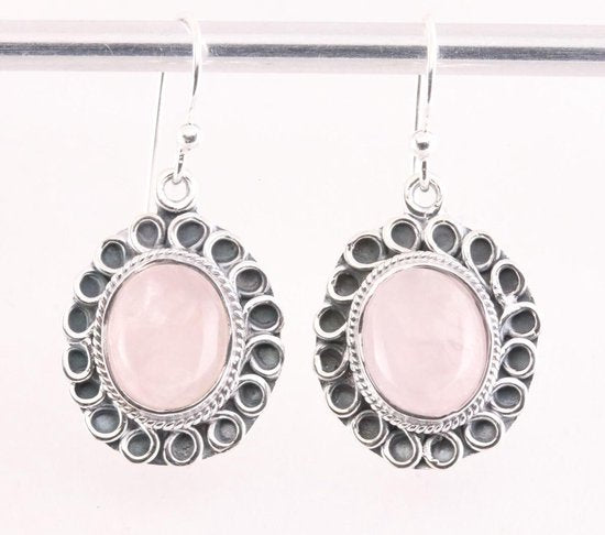 Bewerkte zilveren oorbellen met rozenkwarts afbeelding 1