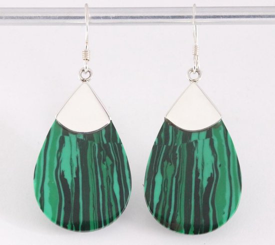Grote druppelvormige zilveren oorbellen met malachiet afbeelding 1