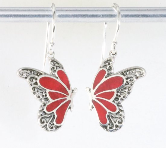 Bewerkte zilveren vlinder oorbellen met rode koraal steen afbeelding 1