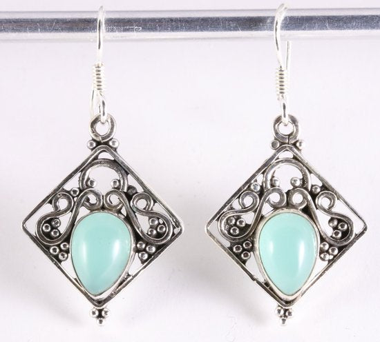 Opengewerkte zilveren oorbellen met aqua chalcedoon afbeelding 1