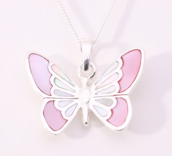 Zilveren vlinder hanger met roze en witte parelmoer aan ketting afbeelding 1