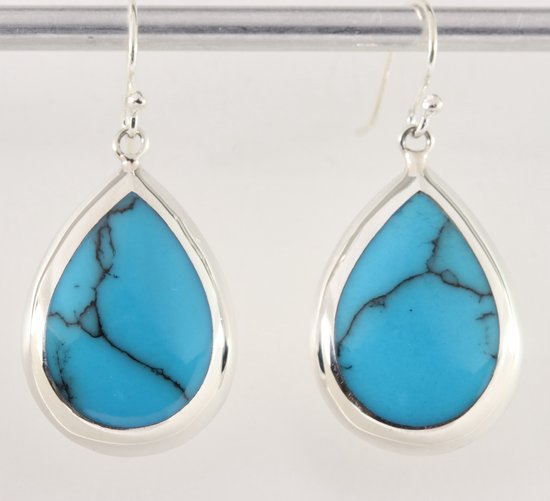 Grote druppelvormige zilveren oorbellen met blauwe turkoois afbeelding 1