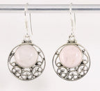 Ronde opengewerkte zilveren oorbellen met rozenkwarts afbeelding 1