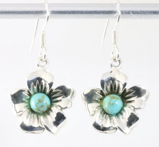 Bloemvormige zilveren oorbellen met groene turkoois afbeelding 1