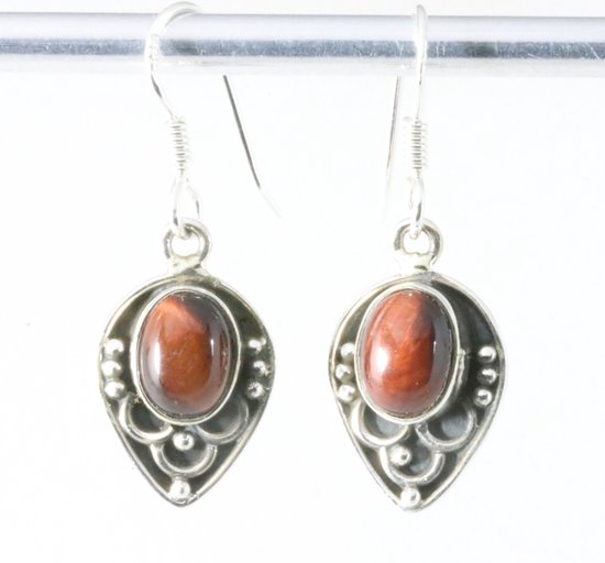Fijne bewerkte zilveren oorbellen met rode tijgeroog afbeelding 1