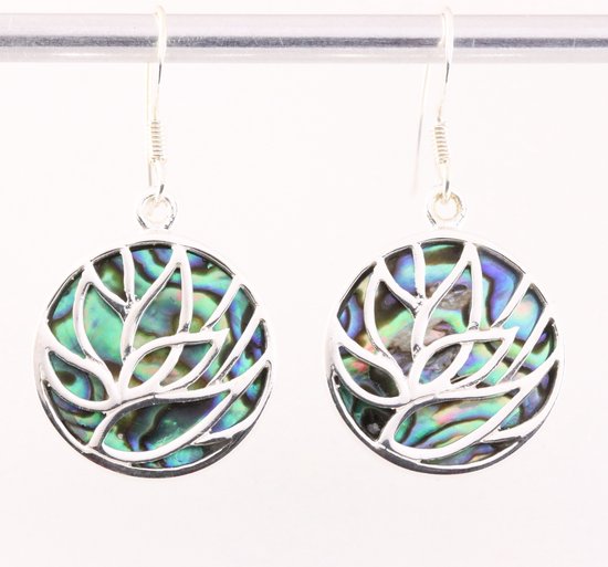 Ronde zilveren lotus oorbellen op abalone schelp afbeelding 1