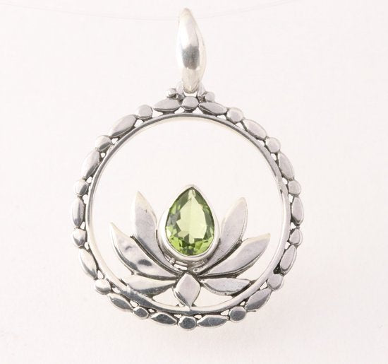 Ronde zilveren lotus bloem hanger met peridoot afbeelding 1