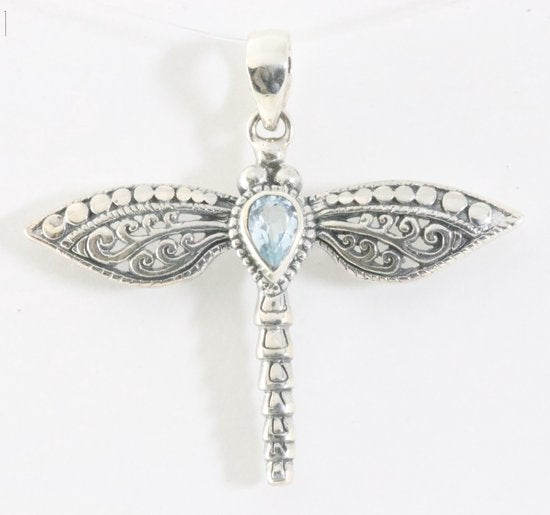Traditionele bewerkte zilveren libelle hanger met blauwe topaas afbeelding 1