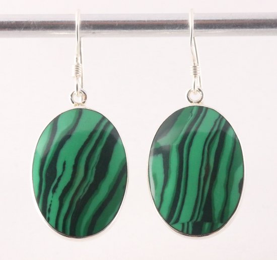 Ovale zilveren oorbellen met malachiet afbeelding 1