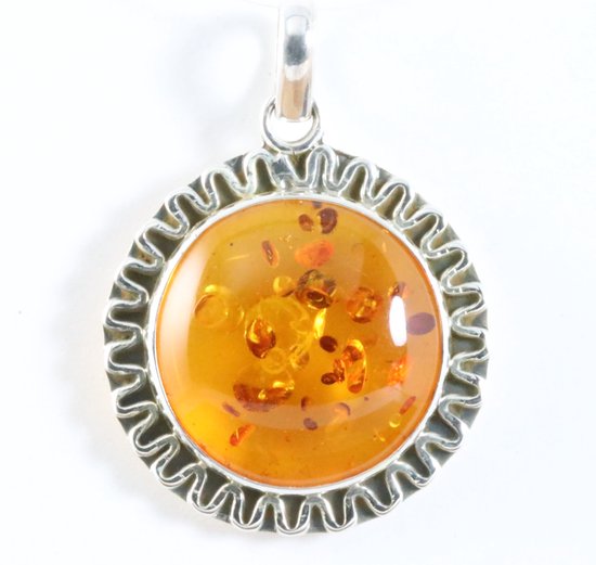 Ronde bewerkte zilveren hanger met amber afbeelding 1
