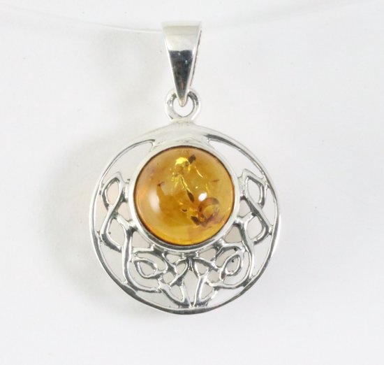 Fijne ronde opengewerkte zilveren hanger met amber afbeelding 1