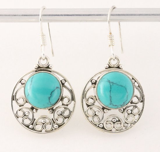 Ronde opengewerkte zilveren oorbellen met turkoois afbeelding 1