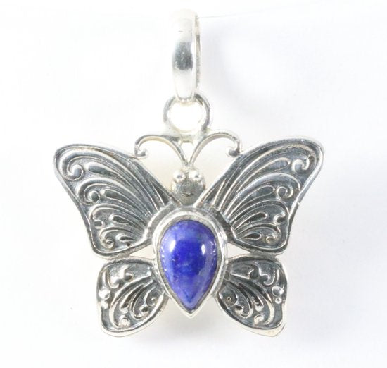 Bewerkte zilveren vlinder hanger met lapis lazuli afbeelding 1