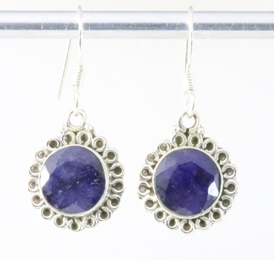 Fijne bewerkte ronde zilveren oorbellen met blauwe saffier afbeelding 1