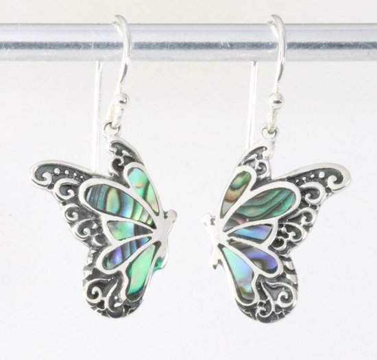 Bewerkte zilveren vlinder oorbellen met abalone schelp afbeelding 1