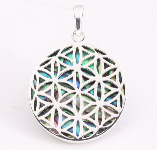 Ronde zilveren hanger met levensbloem op abalone schelp afbeelding 1