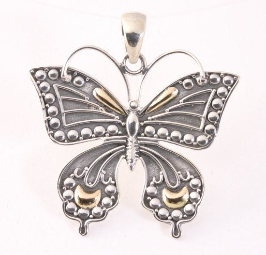 Grote zilveren vlinder hanger met 18k gouden decoraties afbeelding 1