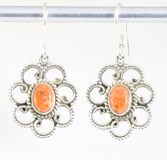 Opengewerkte zilveren oorbellen met rode koperturkoois afbeelding 1